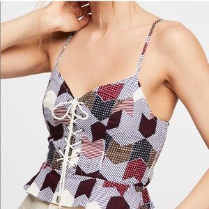 Free People Meant To Be Printed Linen Corset Structured Patchwork Crop Tank XS